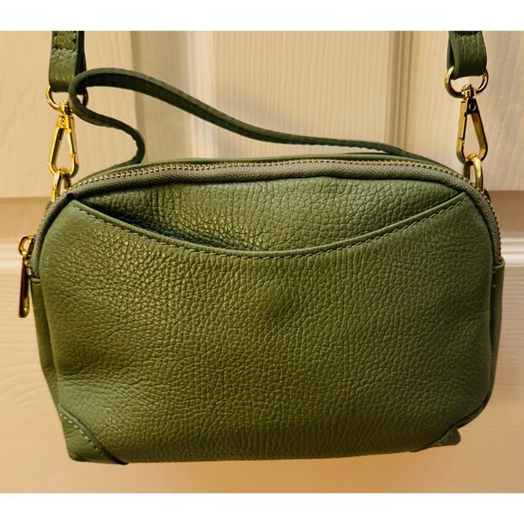 ISADORO Genuine Pebbled Italian Leather Olive Green Double Zipper Crossbody Bag - Picture 4 of 12